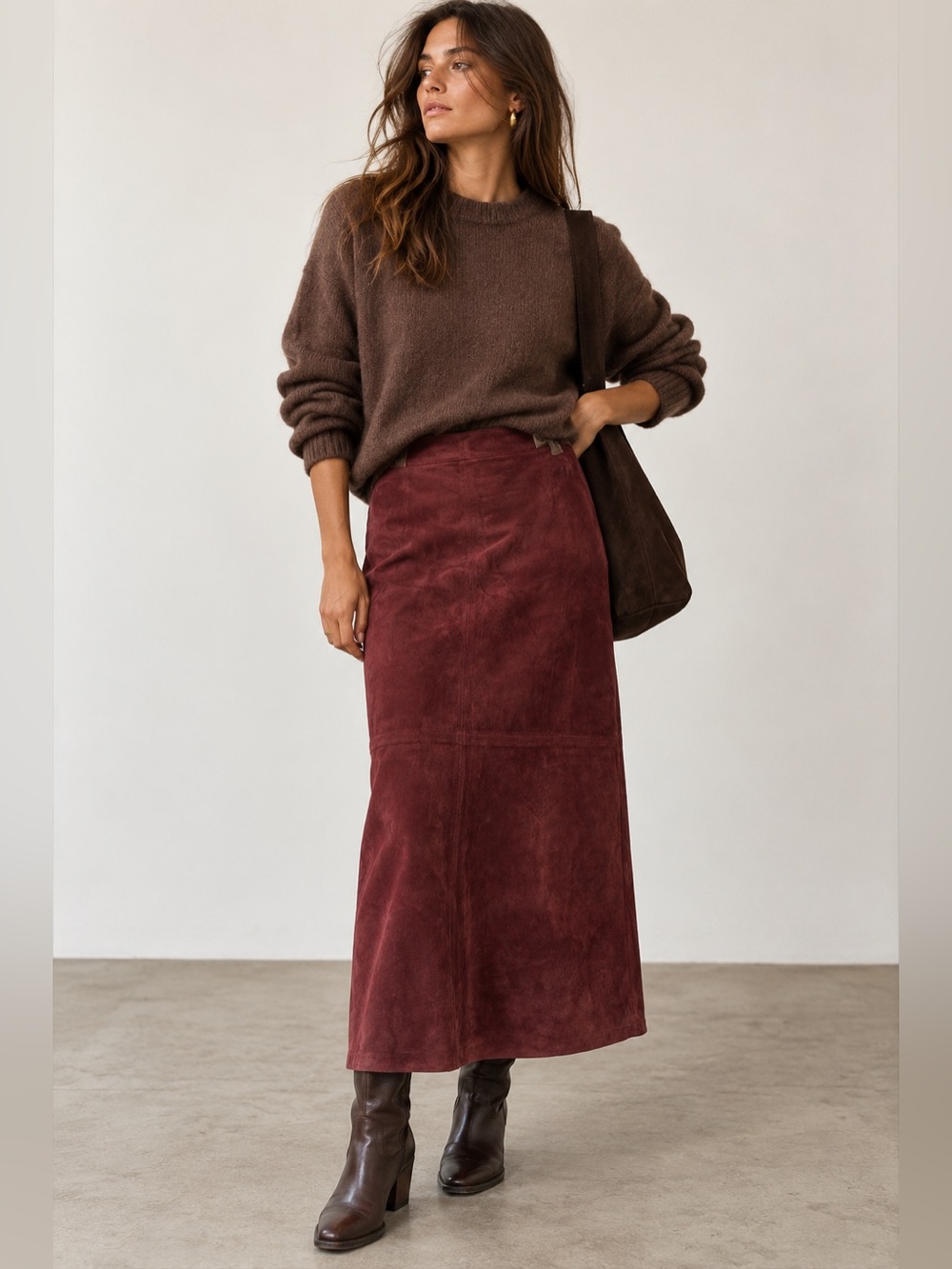 Vintage Danier Genuine Suede Leather Maxi Skirt Plum Burgundy Sz 12